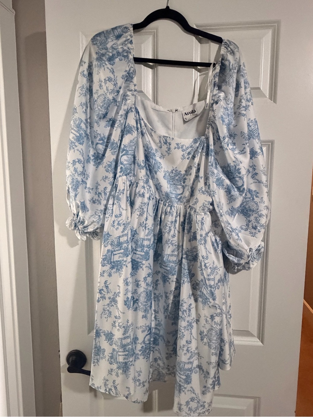ARULA Blue and White Toile Puff-Sleeve Mini Dress